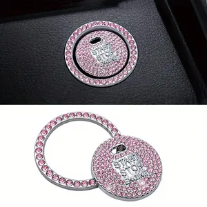 1pc Diamond studded button stickers ignition start stickers cute car interior accessories, universal bright pink diamonds car engine ignition start button decoration ring crystal stickers start stop ignition button switch cover stickers