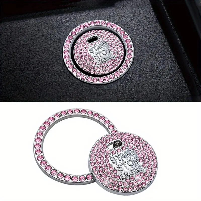 1pc Diamond studded button stickers ignition start stickers car interior accessories, universal pink diamonds car engine ignition start button decoration ring crystal cover stickers, Auto Accessories