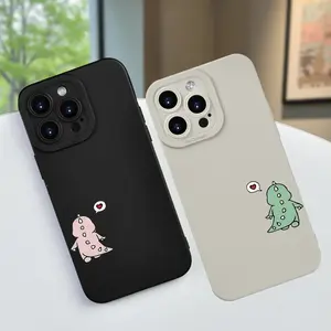 Matte Texture Protective Mobile Phone Cover, High-End Fashion Dinosaur Couple Pattern Casing with Shockproof Anti-Fall Design, Comfortable Grip Accessories for Men & Women iPhone 17/16/15/14/13/12/11 Pro Max (Milk Apricot & Cool Black)