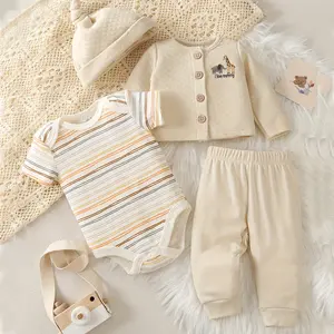 MOMMY'S LITTLE LOVE! 4-Pack Neutral Baby Set | Adorable Animal Print Cardigan + Striped Bodysuit | Cozy Warm Outfit for Newborns