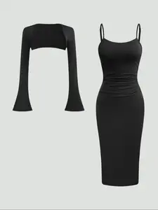 Women's Solid Color Top & Fitted Bodycon Dress Two-piece Set, Elegant Feminine Fashion Casual Bell Sleeve Top & Dress for Daily Outdoor Wear, Co-ord Sets for Women, Women's Clothing for Spring & Fall, 2 Piece Sets Women Outfit