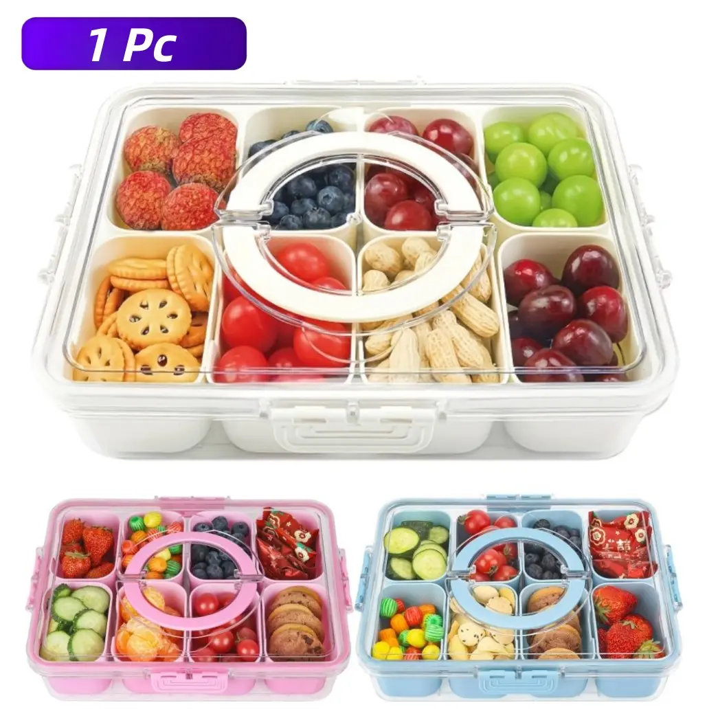 1Pc Divided Serving Tray with Lid and Handle, Portable Snackle Box, Food Containers, Charcuterie Container for Party, Veggies, Snack, Fruit, Nuts, Reusable Snack Box, Plastic Container, Cream White
