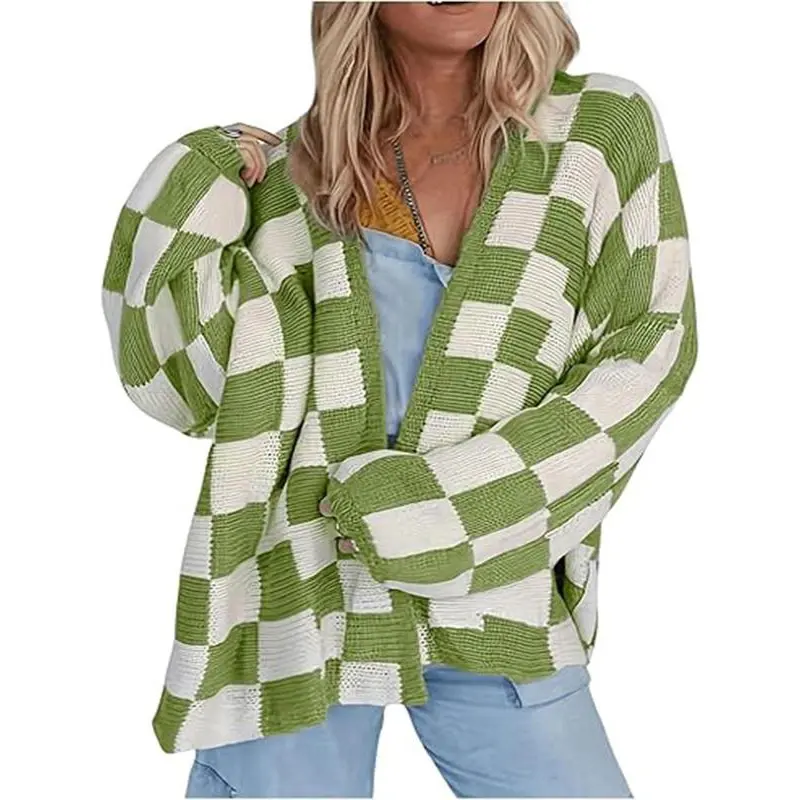 Plus Size Plaid Print Drop Shoulder Cardigan, Casual Long Sleeve Open Front Knitwear for Fall & Winter, Women's Plus Clothing for Daily Wear Tops Womenswear Black