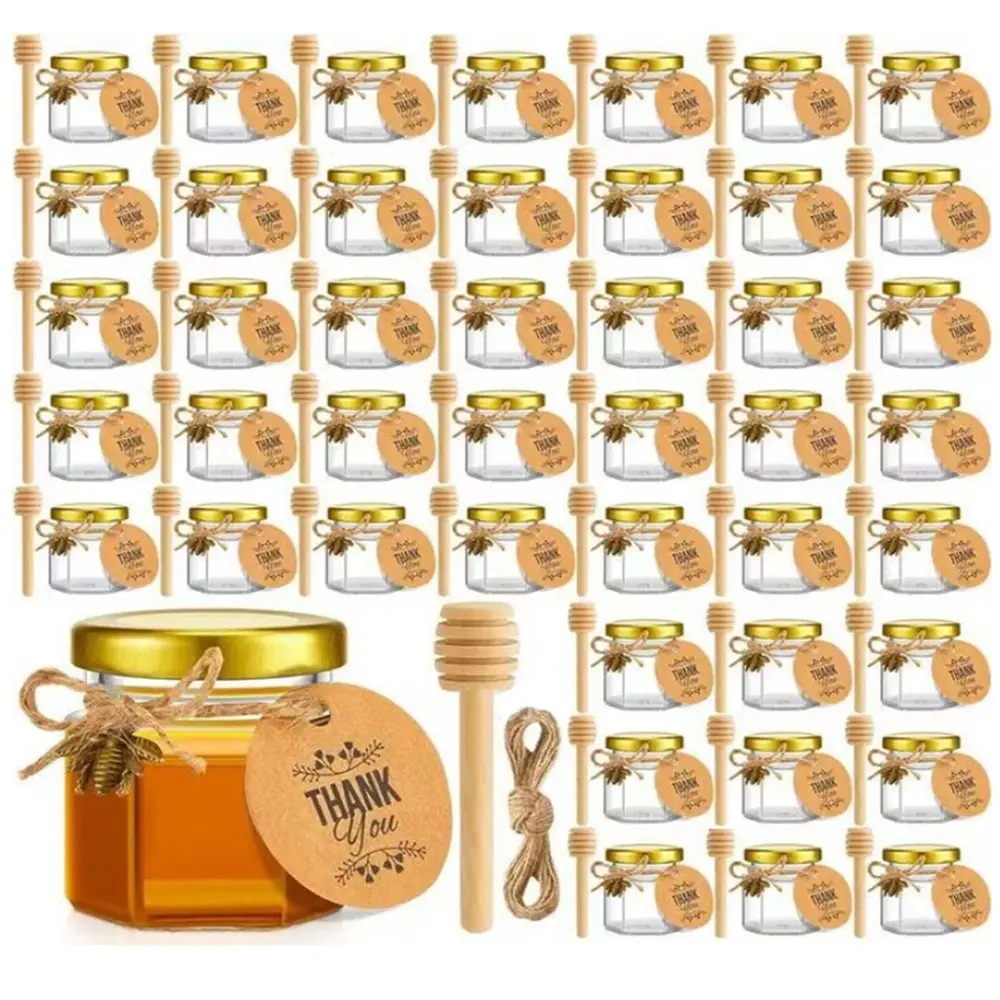 50-Pack Rustic Mini Hexagon Glass Gift Jars with Wooden Dippers - Gold Decorative Caps, Bee Pendants, Rope, Ribbon Accents - 1.5 oz Home Supplies Bee Box Decorative Glass Storage Bottles for Wedding Favors, Dishwasher Safe, Gift Jar