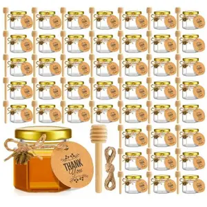 50 Pack Mini Hexagon Glass Honey Jars with Wooden Dippers - Gold Lid, Bee Pendants, Rope & Ribbon Accents - 1.5 oz Adorable Wedding Favors, Party Favors, Dishwasher Safe