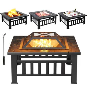 Multifunctional Fire Pit Table 32in Square Metal Firepit Stove Backyard Patio Garden Fireplace for Camping, Outdoor Heating, Bonfire and Picnic