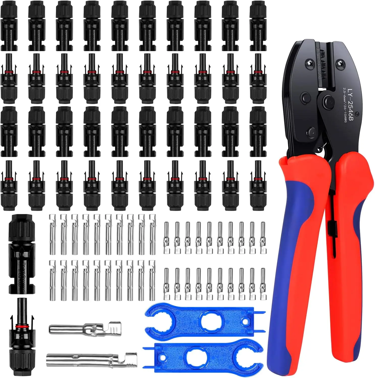Pro Solar Panel Connectors & Tool Kit Secure Setup - 60PCS Solar Crimper Tool Kit with 30 Pairs Male/Female Solar Connectors, Metal Terminals, 1PCS Solar Crimping Tool & 2PCS Spanner Wrench for 2.5/4mm² PV Cable