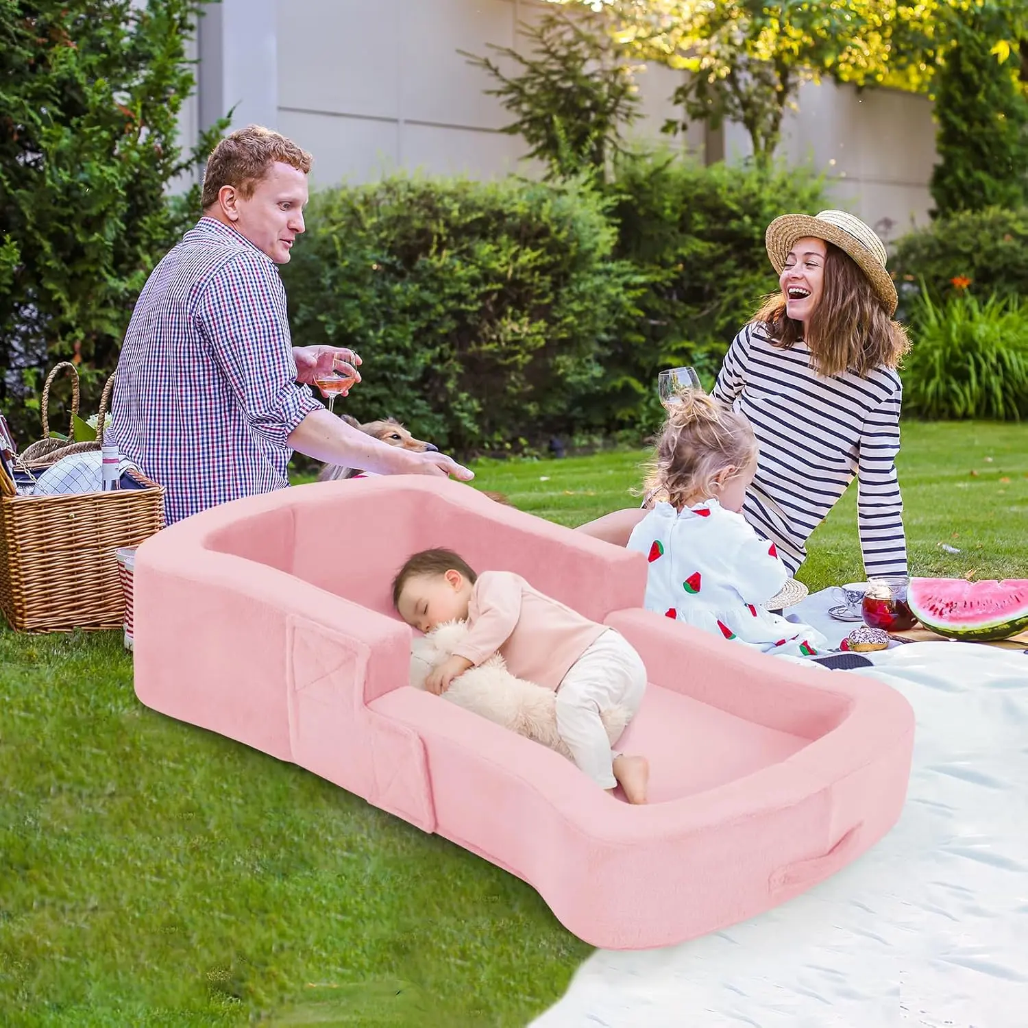 Toddler Travel Bed, 2-in-1 Foldable Portable Toddler Bed Sofa Chair, Soft Baby Kids Travel Floor Cot with Washable Covers Safety Foam Raised Bumper for Camping Hotel Sleeping