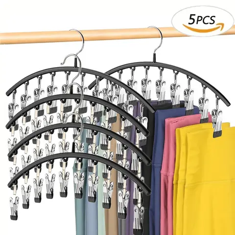 Stainless Steel Wall Mount Clothes Organizer - Durable Space Saver Adjustable Leggings Storage Rack with 50 Rubber Coated Clips, 1/2/3/4/5 Pack Options, Holds 50 Pairs, Hooks & Rails for Bathroom, Balcony, Closet, Black