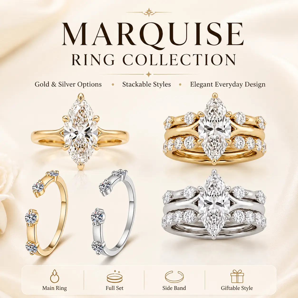 Loysun Women's 3ct Brilliant Marquise Cut Artificial Gemstone Statement Ring, Timeless Luxury Design, Ideal Anniversary & Special Occasion Gift