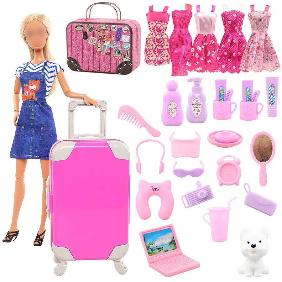 Doll Suitcase Luggage Set with Velcro for 11.5in Girl Dolls - 5 Dresses, 21 Toiletries, Puppy, Computer, Travel Clothes & Accessories for Role-Playing - Birthday, Thanksgiving Little Gifts for Girls
