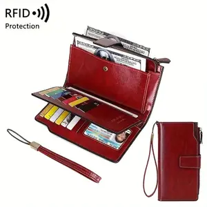 Women's Elegant Solid Color Long Wallet with Wrist Strap,Rfid Wristlet Purse,RFID Blocking,Multi-Functional Zipper Wallet Credit Card Holder, Passport & Ticket Organizer, Fits Large Screen Phone Water-Resistant Large Capacity Wallets for Daily Use