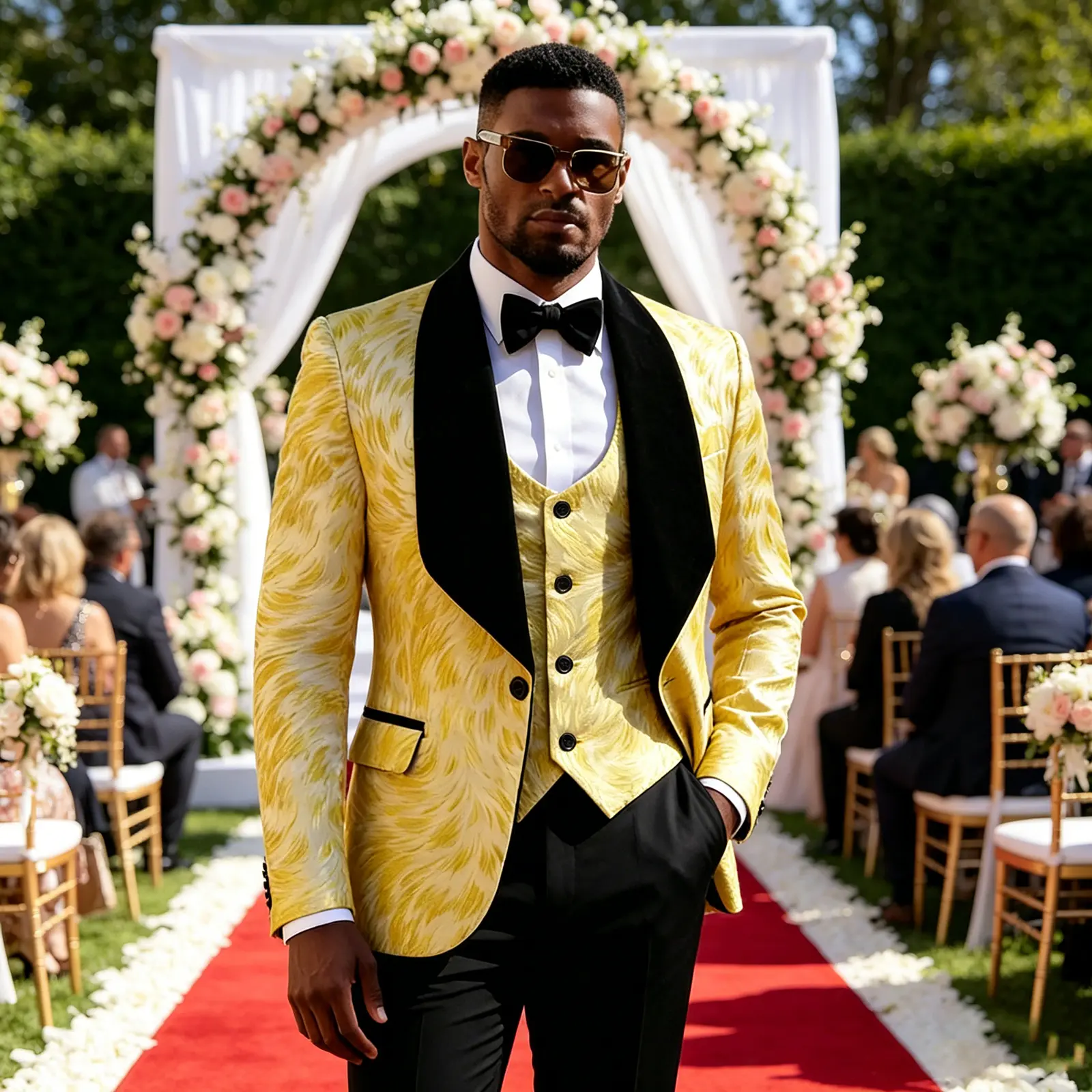 Men's 3-Piece Chic Jacquard Tuxedo Suit - Slim Fit Shawl Lapel Textured Velvet Jacket, Vest, Pants with Floral Print Long Sleeve Shirt, Pocket, Tie for Wedding, Prom, Polyester Fabric Formal Events (Yellow/Black/White)