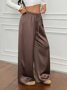 Women's Spring Summer Pure Color Satin Elastic Waist Drawstring Adjustable Loose Casual Straight Leg Pants, Comfortable, Elegant, Chic and Stylish Ladies' Trousers