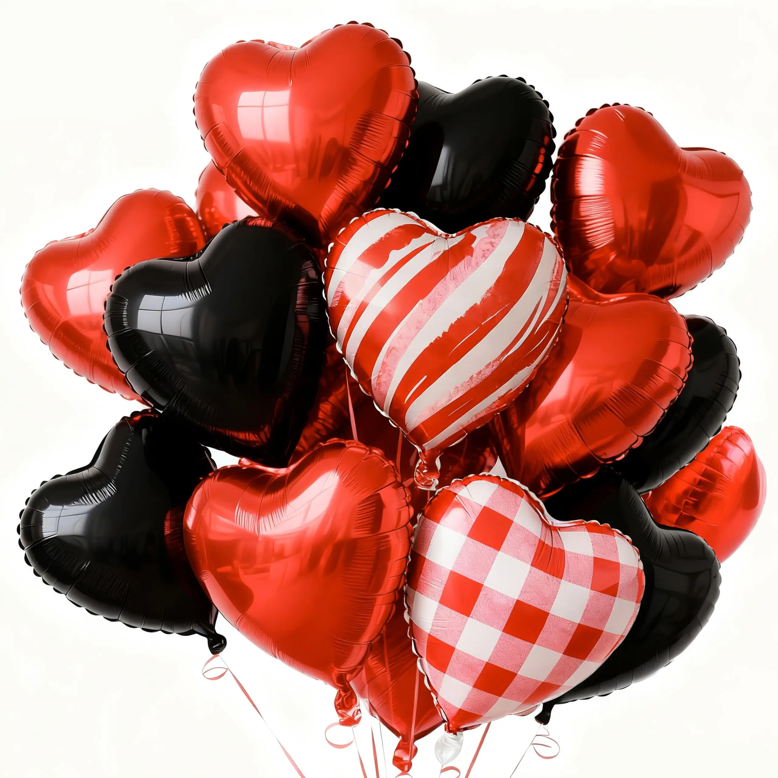 PartyWoo Heart Shaped Balloons - 15pcs 18-in Red & Black Marble Checkered Foil Balloons, Festive Supplies for Valentine’s Day Arch, Wedding Decor