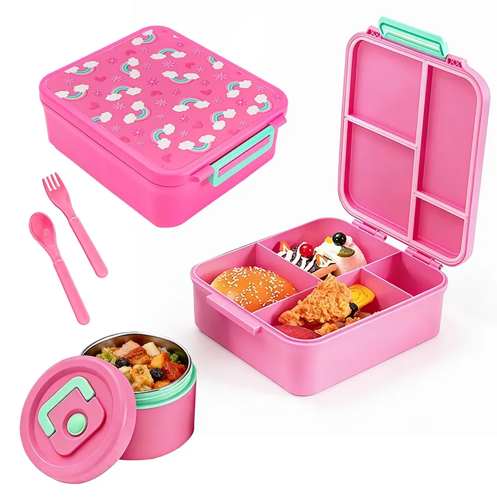 👸🌈 🧜🏻‍♀️Cute Princess Series Kids' Lunch Box Set, including a 12 oz soup cup, leak-proof sealed four-compartment lunch container, fork and spoon, children's lunch box (BPA-free), tableware suitable for both girls and boys