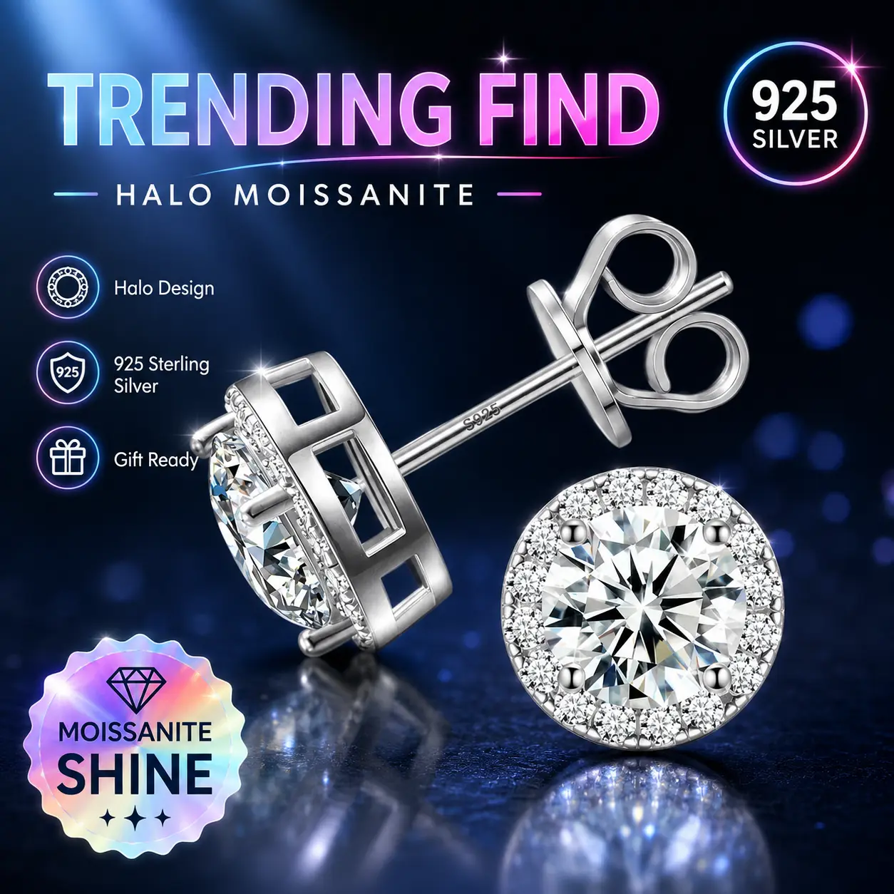 LeFlow 925 Sterling Silver Round Halo Stud Earrings for Real OG, D Color VVS1 Moissanite Solitaire Earrings with Micro Pavé Border, Street Style Hypoallergenic Multiple Size Classy Hip Hop Fine Jewelry Gift Moissanite Pass the Tester