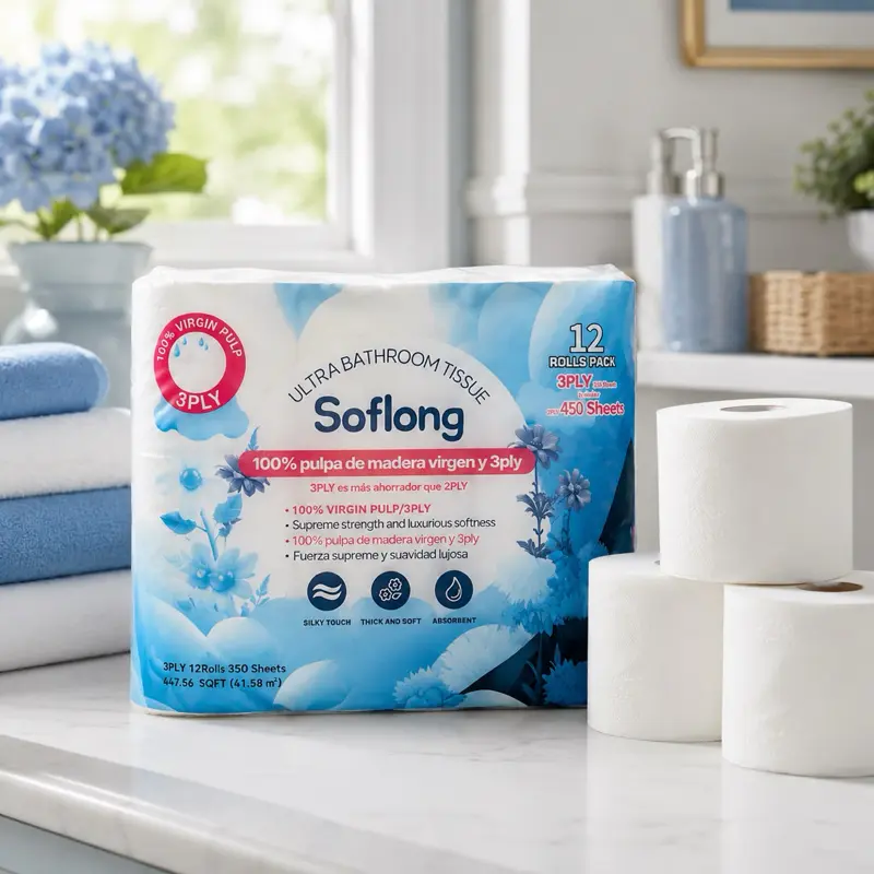 Soflong Ultra 3-Ply Bathroom Tissue, 12-Roll Pack, Virgin Pulp Toilet Paper with 450 Sheets per Roll, Super Soft & Super Absorbent, Unscented