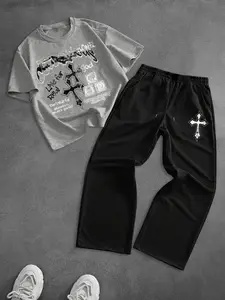 Men's two-piece menswear set: one printed Graphic short-sleeved T-shirt and one drawstring long pants. Made from loose and breathable fabric, and decorated with letter and cross print patterns, ensuring comfort in all seasons. It makes a great gift.