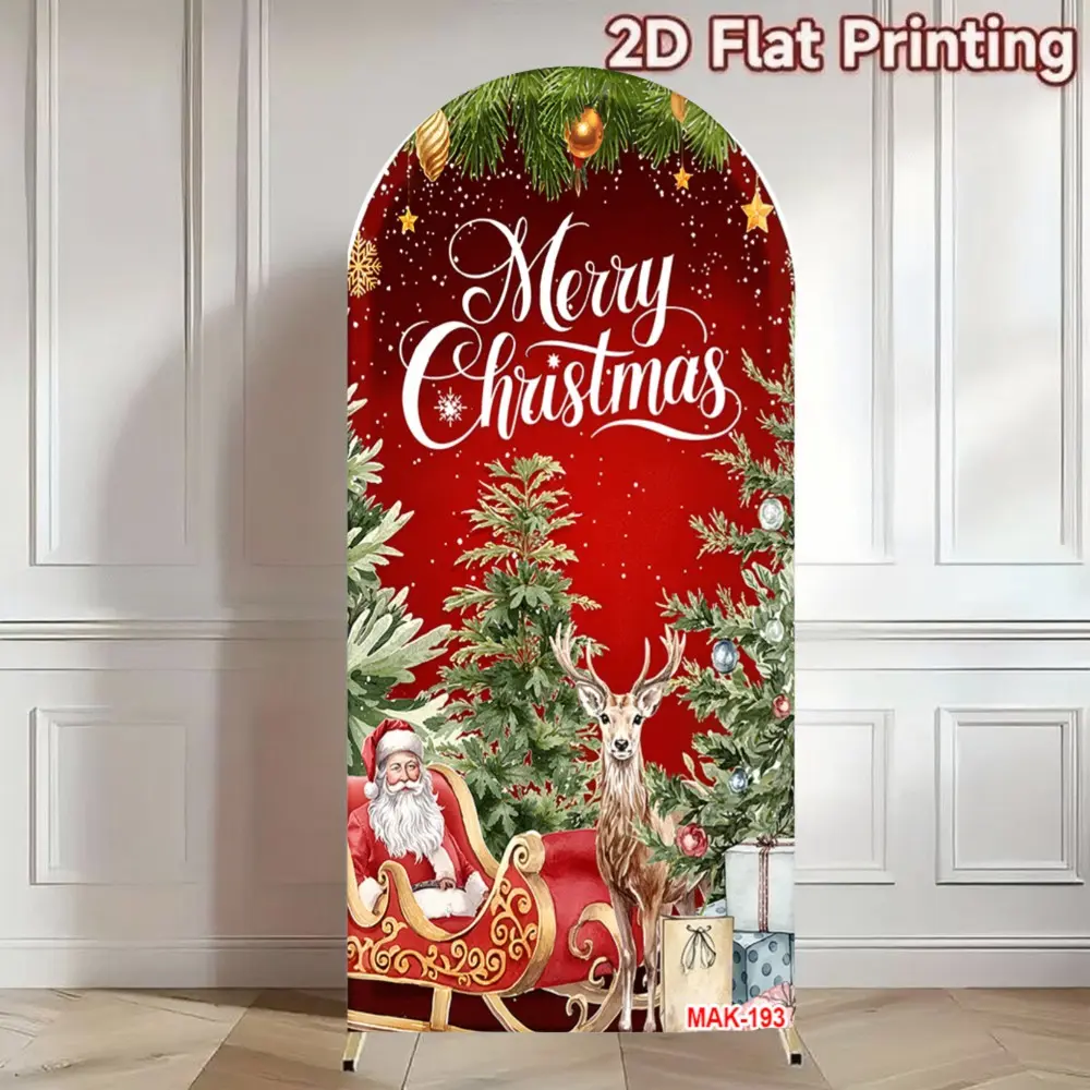 Christmas Tree Santa Claus Reindeer Bell Arch Backdrop Cover Double-Sided for Christmas Party & Holiday Decor Background