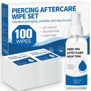 2 in 1 Piercing Aftercare Spray & Wipes Kit: Non-Greasy Saline Solution for Keloid Bump Removal, Piercing Bump Treatment, Ear Nose Lip Belly Piercing Cleaner Wipes(3.38oz + 100ct)