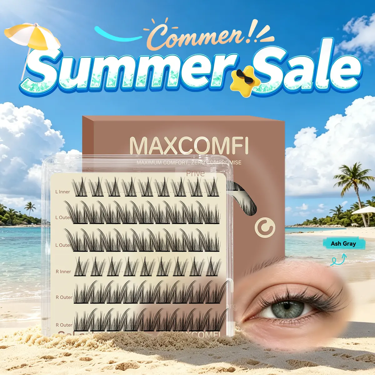 Maxcomfi Ash Gray Privé No Glue Lash | Winged Manga Individual Lashes Left & Right Split Design, Pre-Mapped Split Left & Right Eye Eyelashes, Reusable Self-Adhesive False Lashes For Teen & Young Girls Daily Makeup
