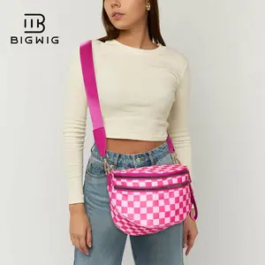 BIGWIG Black and White Check Nylon Waist  - Large-Size Friendly Waist  - Roomy Design - Holds Essentials - Crossbody  - Shoulder  - Adjustable Strap, checkered belt bag