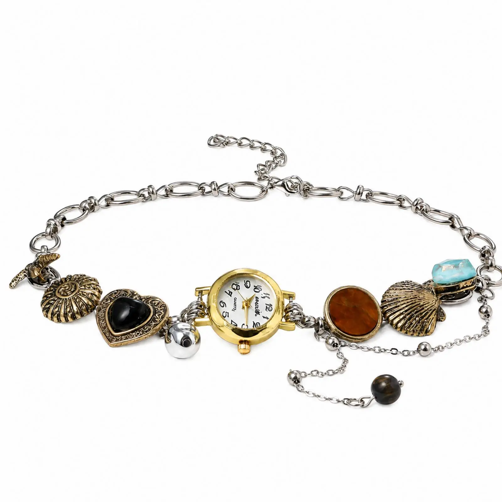 OIDEA Women's Vintage Ocean Theme Analogue Quartz Watch - Stainless Steel Adjustable Chain, Double-Way Wear, Seashell Starfish Charms, Everyday Use Fashion Jewelry Accessory