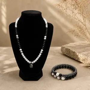 Wealth Attraction Necklace & Magnetic Bracelet Set, Cat's Eye Look Stone, Obsidian & Map Stone Beaded Jewelry, Feng Shui Inspired Lucky Charm, Prosperity Gift for Women and Men, Birthday, Anniversary & Everyday Wear