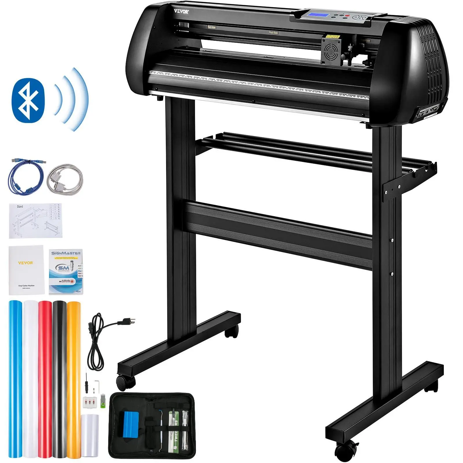 【Backtoschool】VEVOR Vinyl Cutter Machine, 34in Offline Bluetooth Cutting Plotter with 400in/10m Steel Shaft, Adjustable Speed & Force, 5 Exclusive Rolls, SignMaster Software DIY Craft Kit for Sign Making, Wall Decoration, Heat Transfer, Advertise Engravin