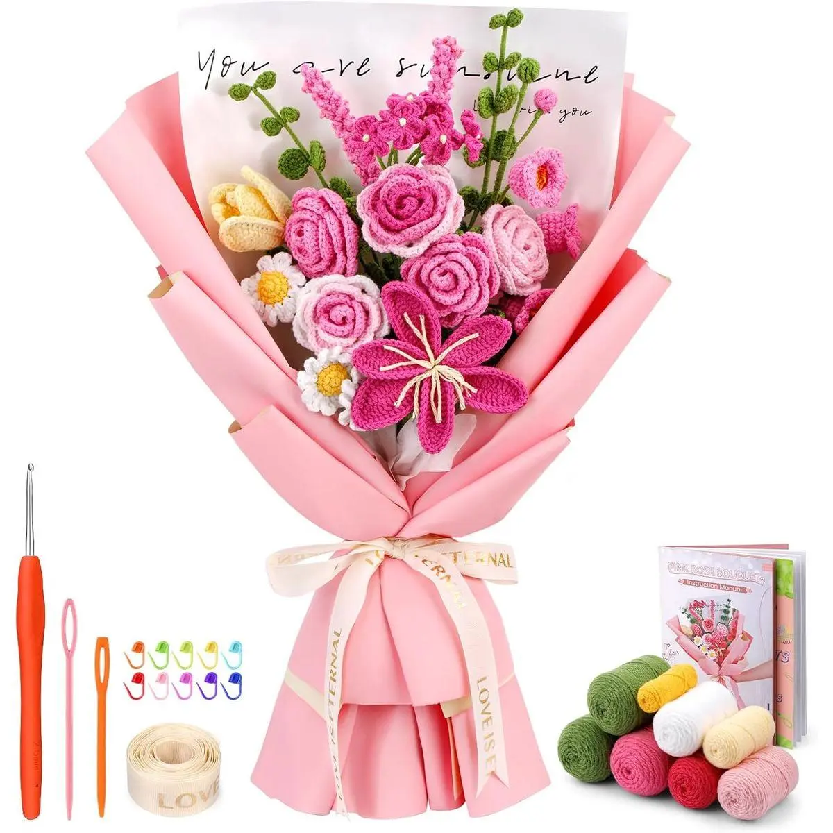 Crochet Kit for Beginners, Rose-Pink Flower Bouquet Crochet Kit, Knitting Kit with Step-by-Step Video Tutorials for Woman Birthday Anniversary Day Weddings Party Present, Home Decor
