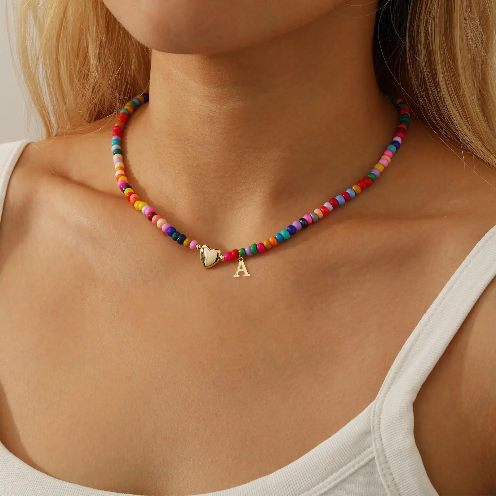 Bohemian Colorful Colorful Beaded Initial Pendant Necklace - Chic Golden Hollow Letter A-Z Pendant for Women Girls Jewelry Daily Vacations, Party Wear, Jewelry, Holiday Birthday Gift