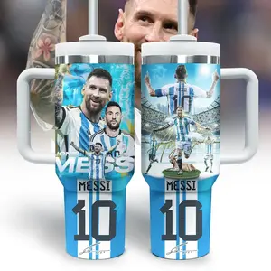 STORMMECH Messi 10 40oz Double-Wall Vacuum Stainless Steel Insulated Flask Tumbler - Reusable Bottle Mug, Portable Insulated Beverage Heat Mug, Double-Handled Black Cap, Straw Lid, Leak-Free, 12H Hot/24H Cold, Washable Cartoon Design, Valentine Gift, Doub