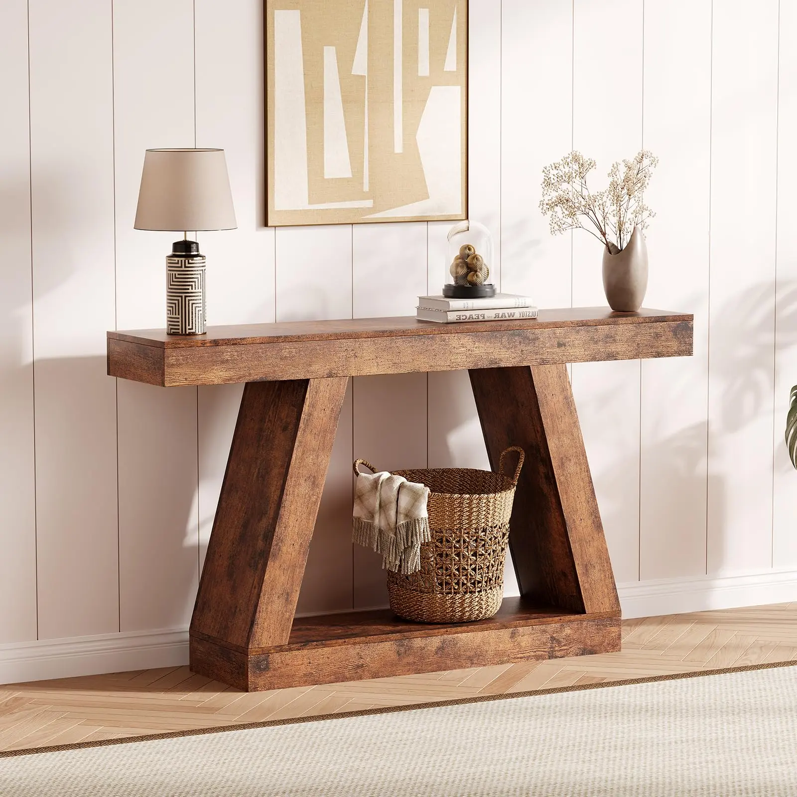 Garvee and Garvee 55" Farmhouse and Industrial Style Console Tables with Trapezium Design, Wooden Sofa Tables with Open Storage Shelves, Perfect for Entryway, Living Room, Hallway, and Entrance Decor in Brown and Natural Finishes