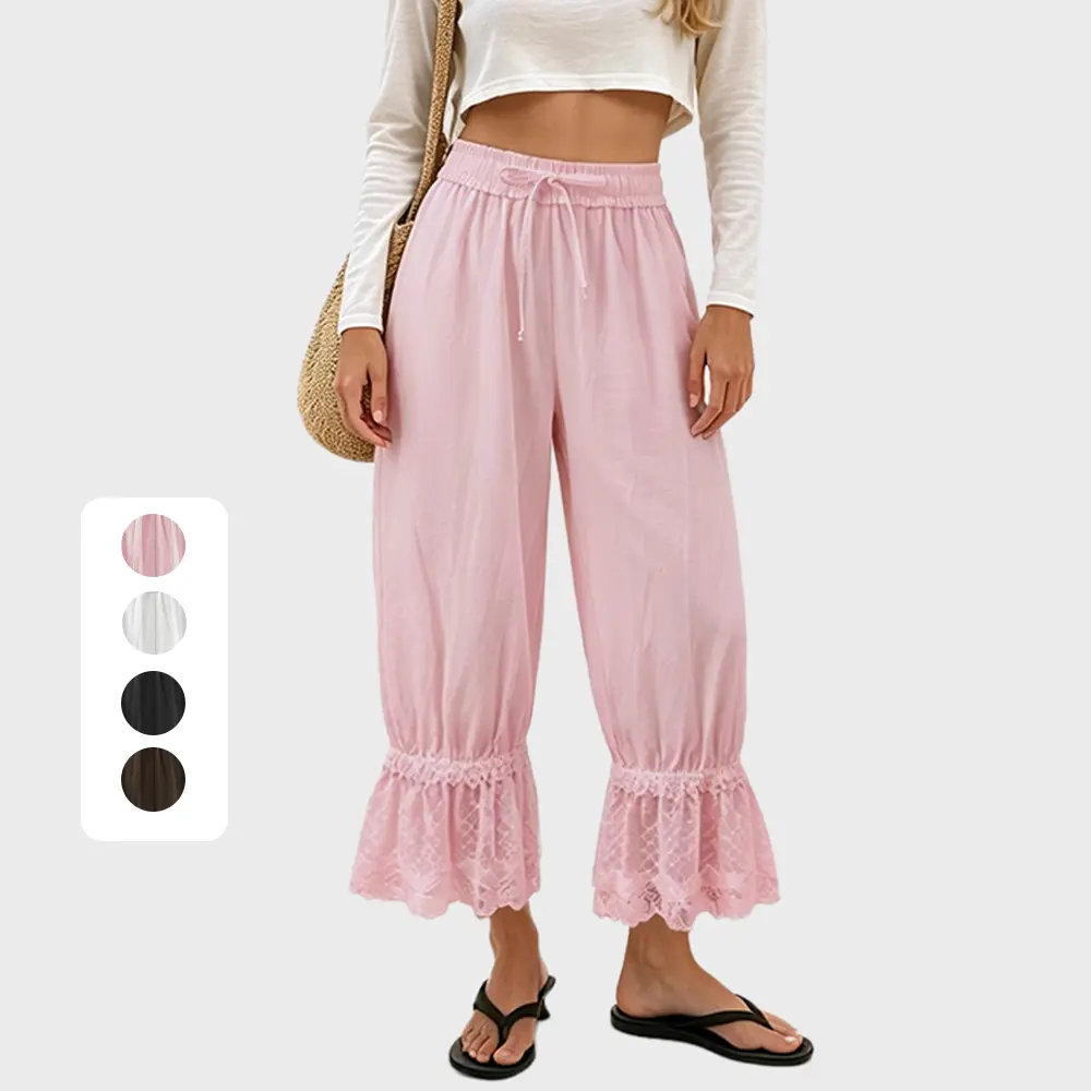 Yinos Women Linen Blend Lace Trim Long Bloomers Pants Ruffle Vintage Pantaloons Summer  Cute Boho Pants with Pockets