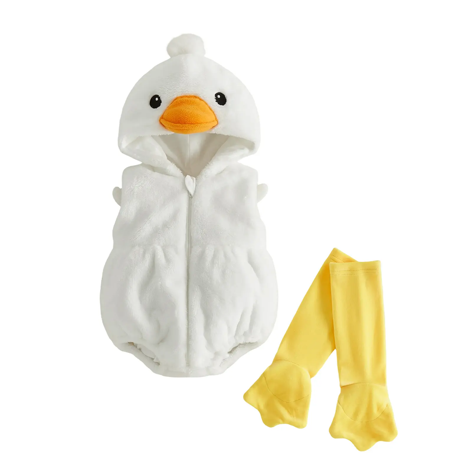 Infant Baby Boy Girl Halloween Goose Costume Zip Front Plush Hooded Sleeveless Romper and Socks 2 Pcs Set Fall Winter 0-18 Months