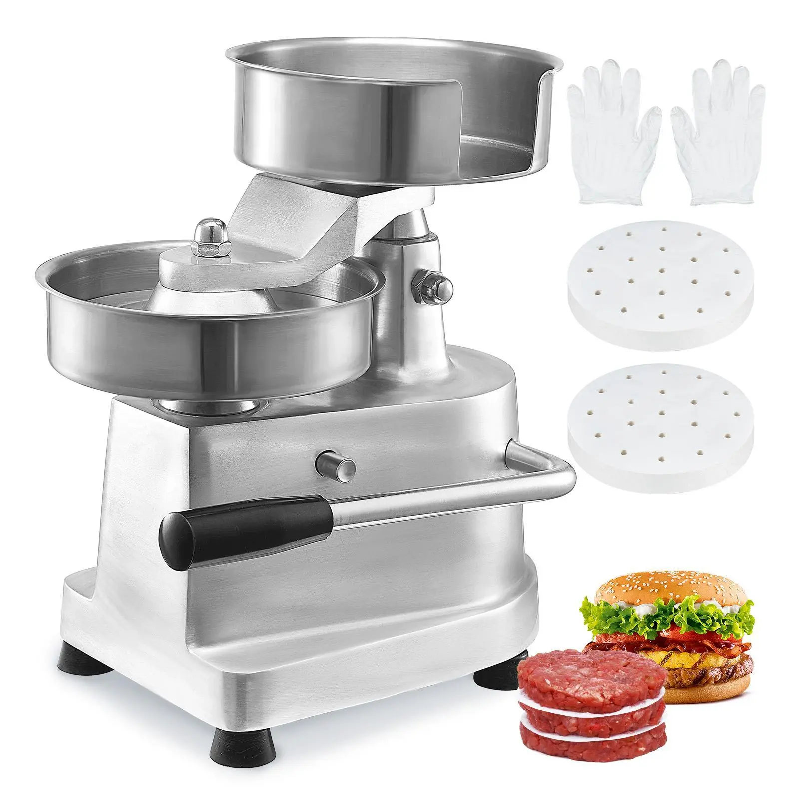 【Summerfinds】VEVOR Commercial Burger Patty Maker, 150mm/6inch Hamburger Beef Patty Maker, Heavy Duty Food-Grade Stainless Steel Bowl Burger Press Machine, Kitchen Meat Forming Processor with 1000 Pcs Patty Papers Aluminium Utensils