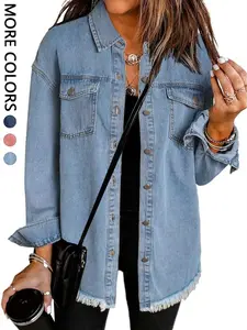1 Spring Summer Denim Shacket Women | Button Down Frayed Raw Hem Loose Fit Light Wash Denim Jacket | Casual Chic Vintage Style for Daily Vacation Travel Wear