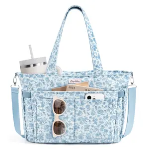 Bagstellar Corduroy Tote Bag for Women, 15.6 inch Laptop Work Tote Bags for School College with Large Cup Holder, Durable Zipper Corduroy Casual Tote Purse Shoulder Organiser for Student, Work, Daily, Travel, Gym