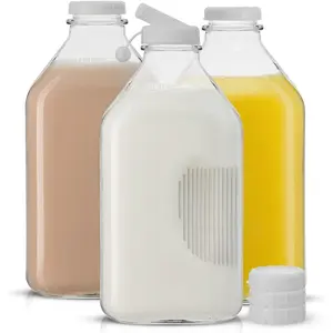 Glass Milk Bottles with Lids and Pourer – 64 Oz, Airtight Heavy Duty Reusable Glass Bottles, Leakproof, BPA-Free, Food Grade, Dishwasher Safe Jug, Pitcher for Milk, Juice, and Water