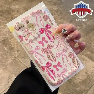 Cream Playful Pink Bow Pattern Curly Wave Frame Phone Case for iPhone 17 16 E Pro Max 15 Plus 14 13 12 11 Air Shockproof Non Slip Military-Grade Protection Silicone Cover Cellphone Casing