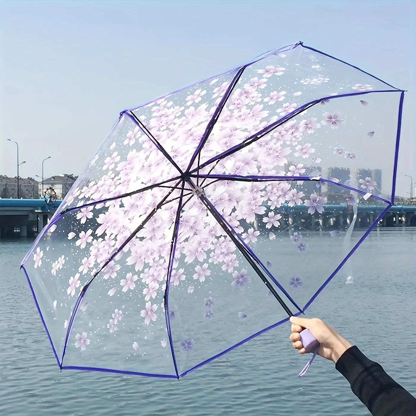 Pink Cherry Blossom Umbrella - Unisex Transparent Manual 8-Rib Folding Accessory for Traveling and Outdoor Use, Compact, Floral Print, Portable, 8 Ribbed, All Over Print, Polyethylene