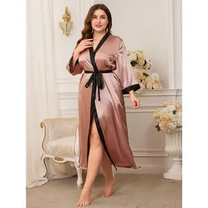 Plus Size Womens Valentines Day Seductive Kimono Robe - Long Sleeve, Open Front with Belt - Contrast Binding Detailing, Comfortable Nightgown - Perfect Romantic Gift