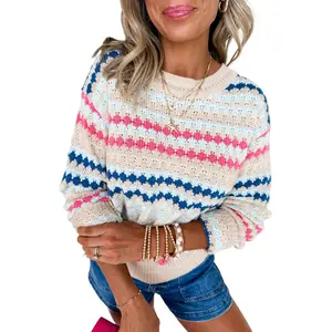 Women's Khaki Stripe Eyelet Patterned Drop Shoulder Long Sleeve Sweater