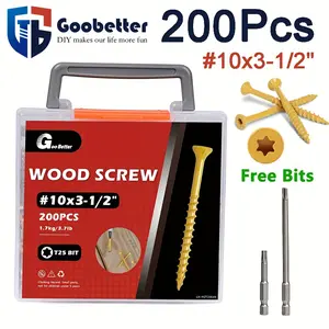 Deck Screws 3-1/2 Inch, 200 Pcs Wood Screws #10 x 3-1/2", Rust Resistant, Exterior Construction Fence Screws, Torx/Star Drive Head, 2 Pcs T25 Star Bits Included, Yellow