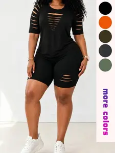 2-Piece Plus Size Women's Hollow Out Ripped Set, Short Sleeve Top + High Waist Bike Shorts, Summer Party Club Streetwear Womenswear