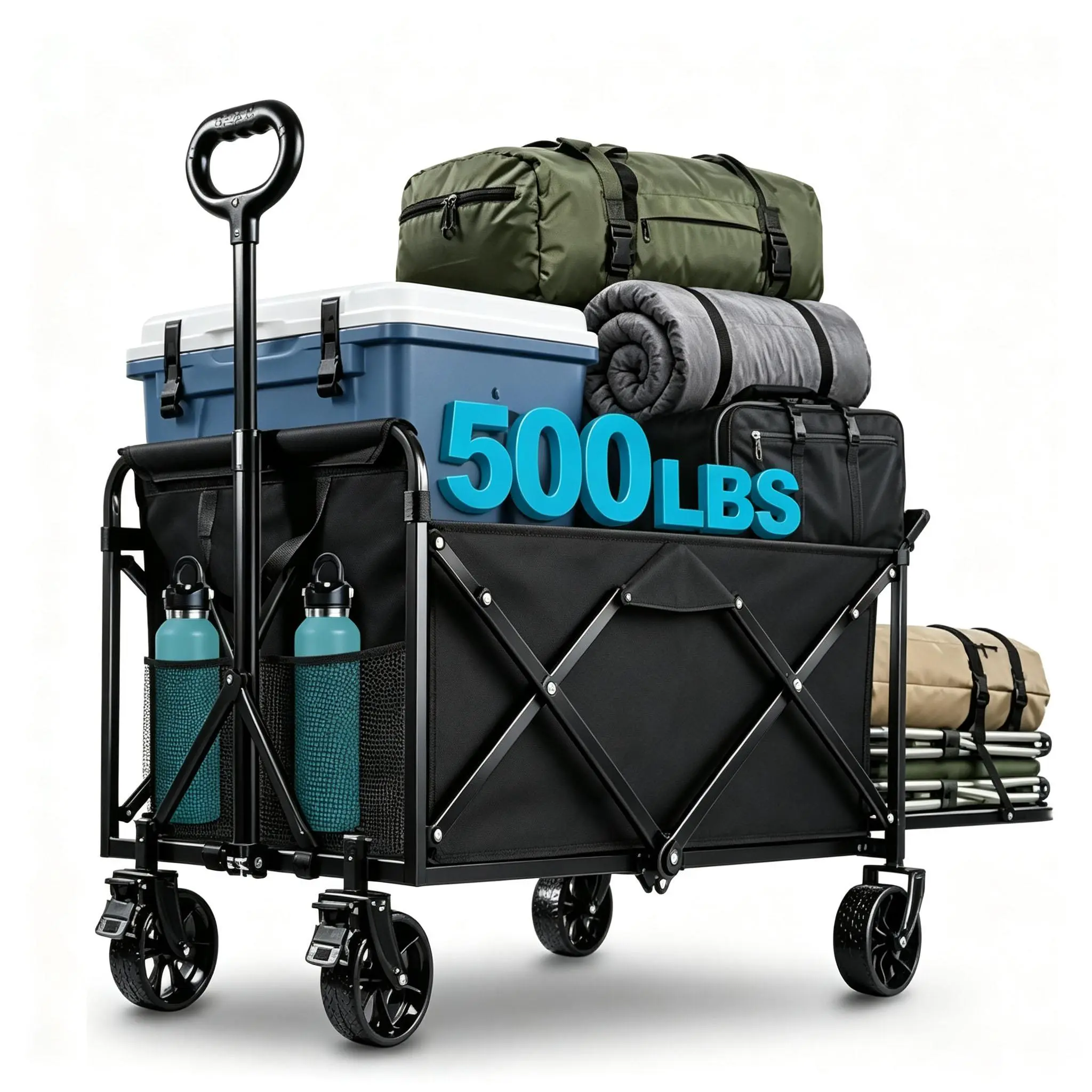 Collapsible All-Terrain Wagon Cart, 300L Folding Trolley with Rear Tailgate, Brakes & Large Wheels for Camping, Groceries, Outdoor Hauling
