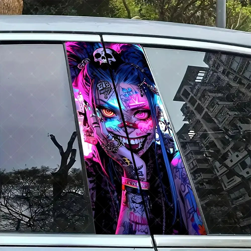 2pc Cartoon Girl Vinyl Stickers, Skull Decal, Decal For Cars, Car B Pillar Protection Decals, Easy Peel & Stick, Sunproof Waterproof Scratch Resistant, Car Accessories Women, All Car Models, Automotive Decals