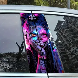 2pc Cartoon Girl Vinyl Stickers, Car B Pillar Protection Decals, Easy Peel & Stick, Sunproof Waterproof Scratch Resistant, All Car Models