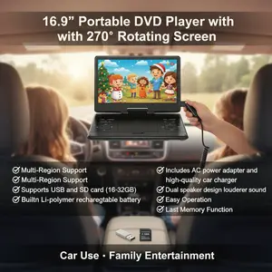 16.9" Portable DVD Player with 270° Rotating Screen Multi-Region Support CD DVD VCD SD Card USB for Car Use & Family Entertainment Digital Products Charger Rechargeable Audio Adapter Remote Control, Speaker